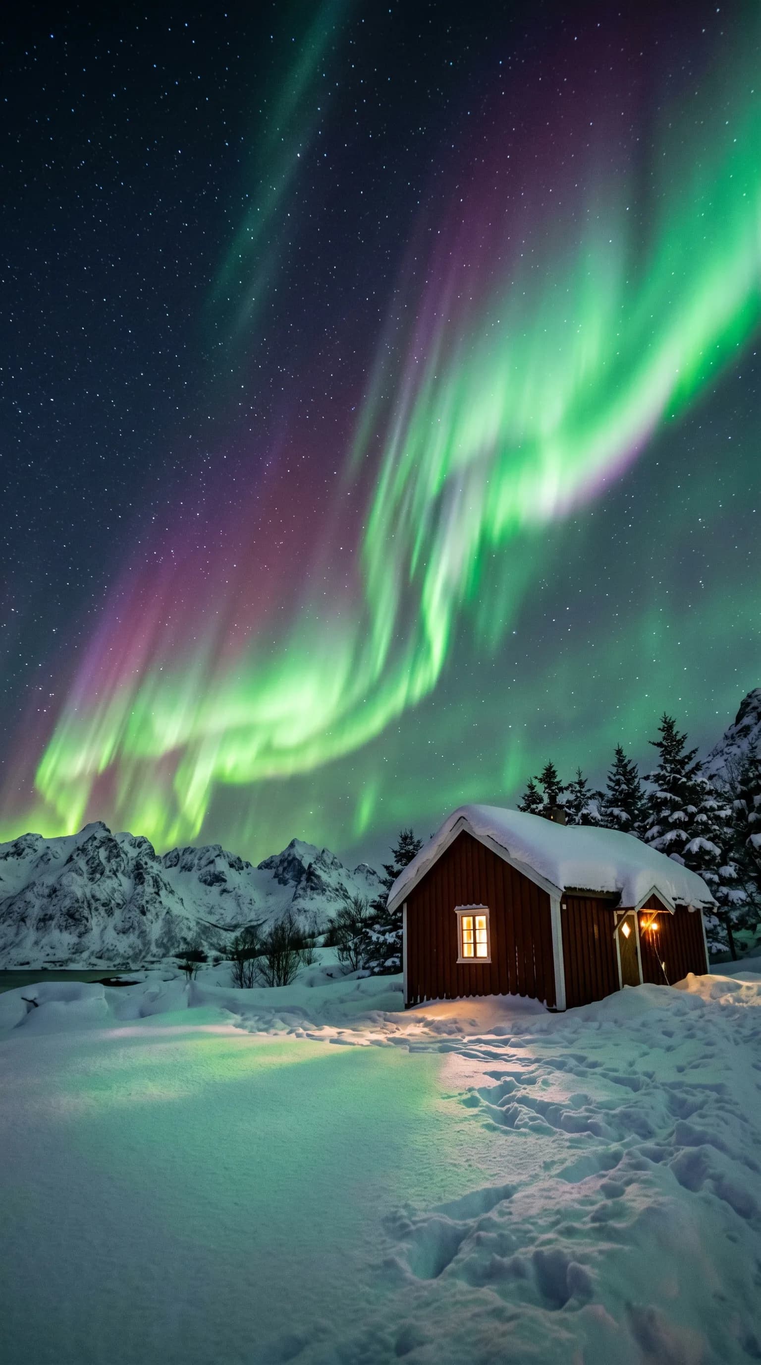 Nordlys over rød hytte på vinteren